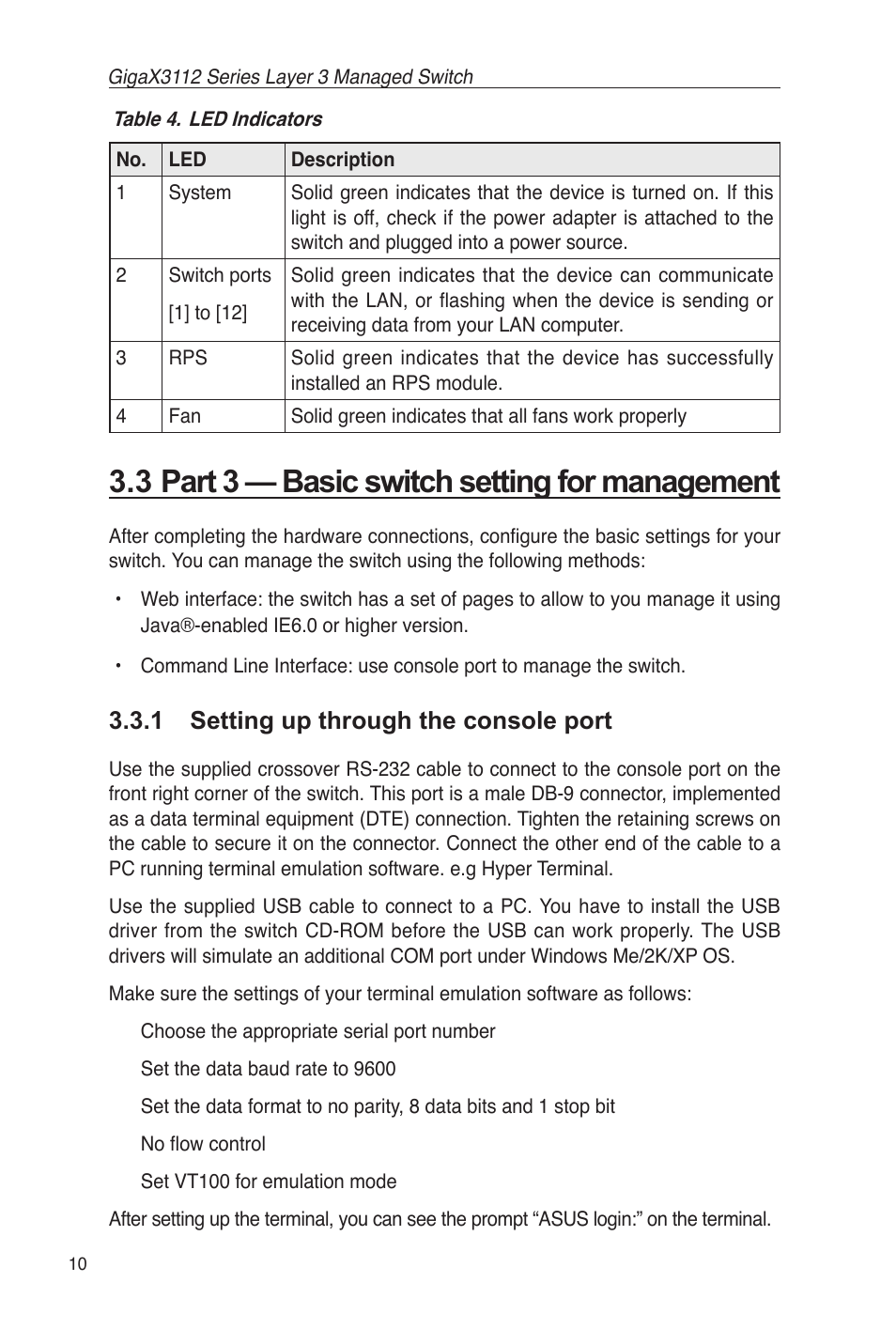 3 part 3 — basic switch setting for management, 1 setting up through the console port | Asus GigaX3112 User Manual | Page 23 / 118