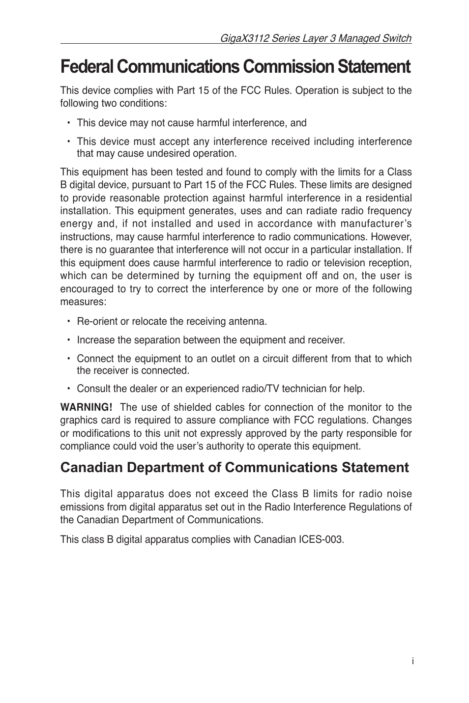 Federal communications commission statement, Canadian department of communications statement | Asus GigaX3112 User Manual | Page 3 / 118