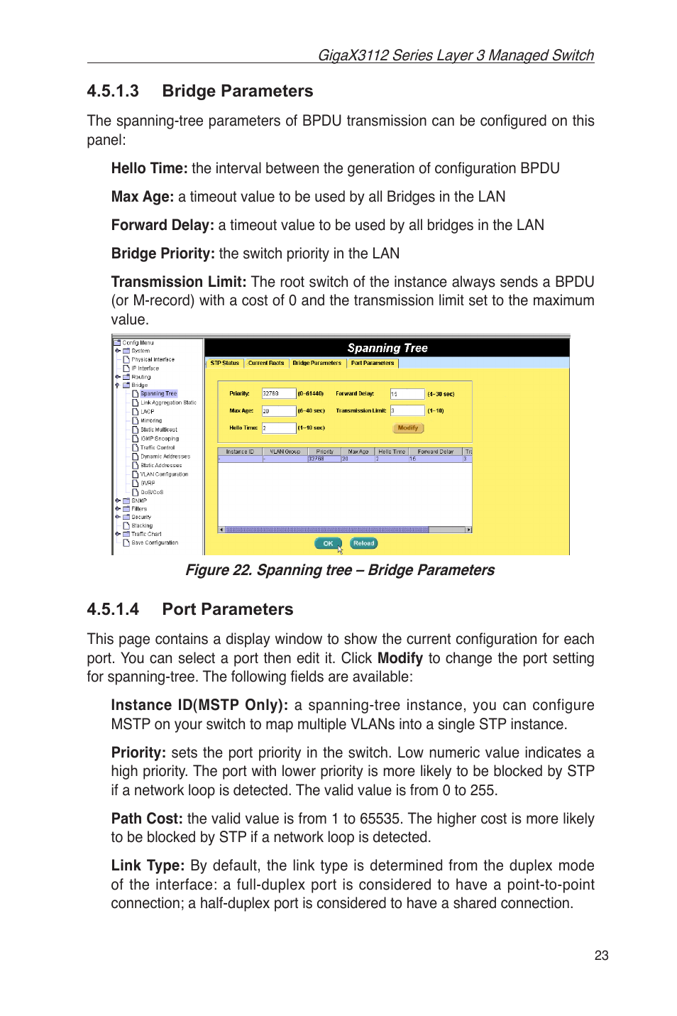 3 bridge parameters 4.5.1.4 port parameters | Asus GigaX3112 User Manual | Page 36 / 118