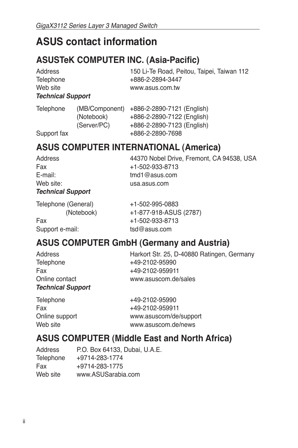 Asus contact information, Asustek computer inc. (asia-paciﬁc), Asus computer international (america) | Asus computer gmbh (germany and austria), Asus computer (middle east and north africa) | Asus GigaX3112 User Manual | Page 4 / 118