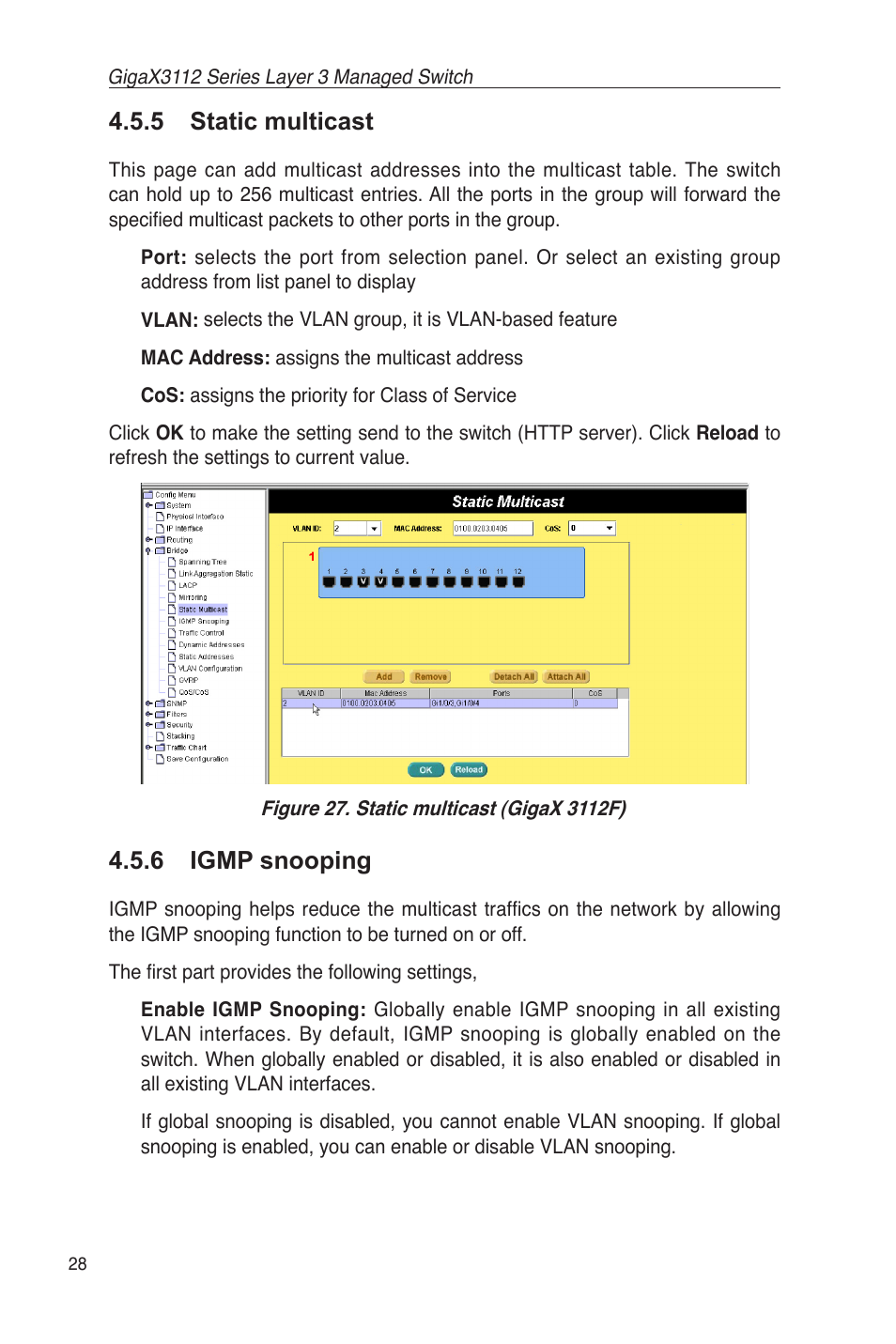 5 static multicast 4.5.6 igmp snooping, 5 static multicast, 6 igmp snooping | Asus GigaX3112 User Manual | Page 41 / 118