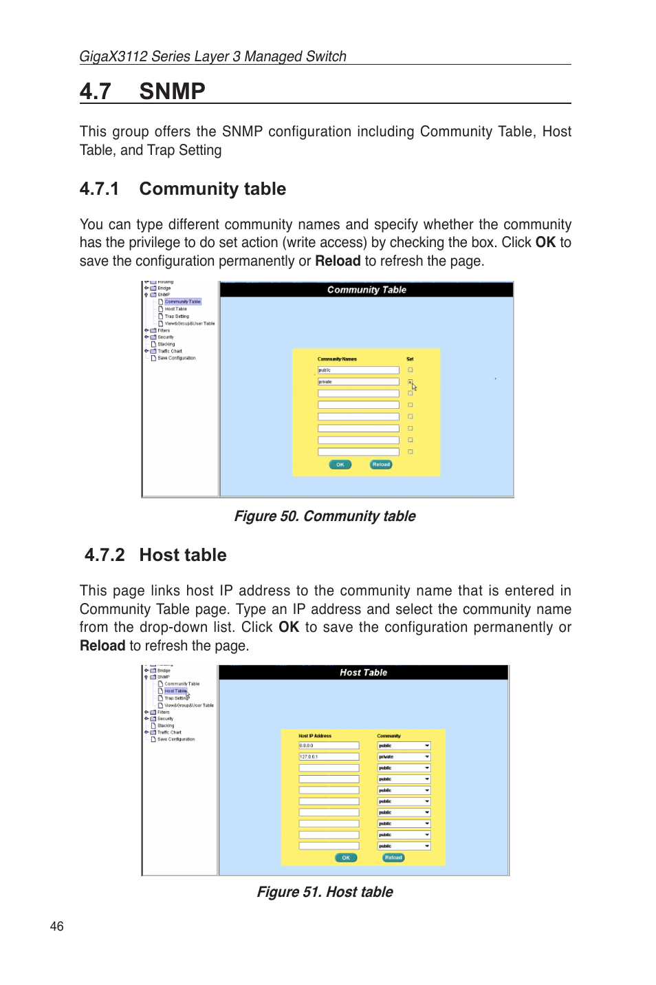 7 snmp, 1 community table 4.7.2 host table, 1 community table | 2 host table | Asus GigaX3112 User Manual | Page 59 / 118