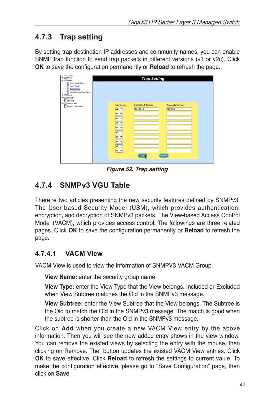 3 trap setting 4.7.4 snmpv3 vgu table, 1 vacm view, 3 trap setting | 4 snmpv3 vgu table | Asus GigaX3112 User Manual | Page 60 / 118