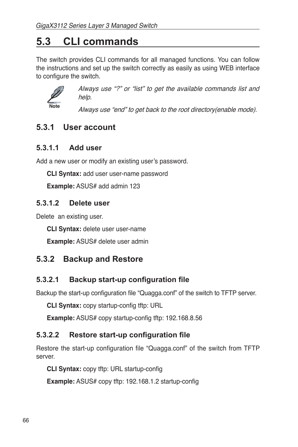 3 cli commands, 1 user account, 1 add user 5.3.1.2 delete user | 2 backup and restore | Asus GigaX3112 User Manual | Page 79 / 118