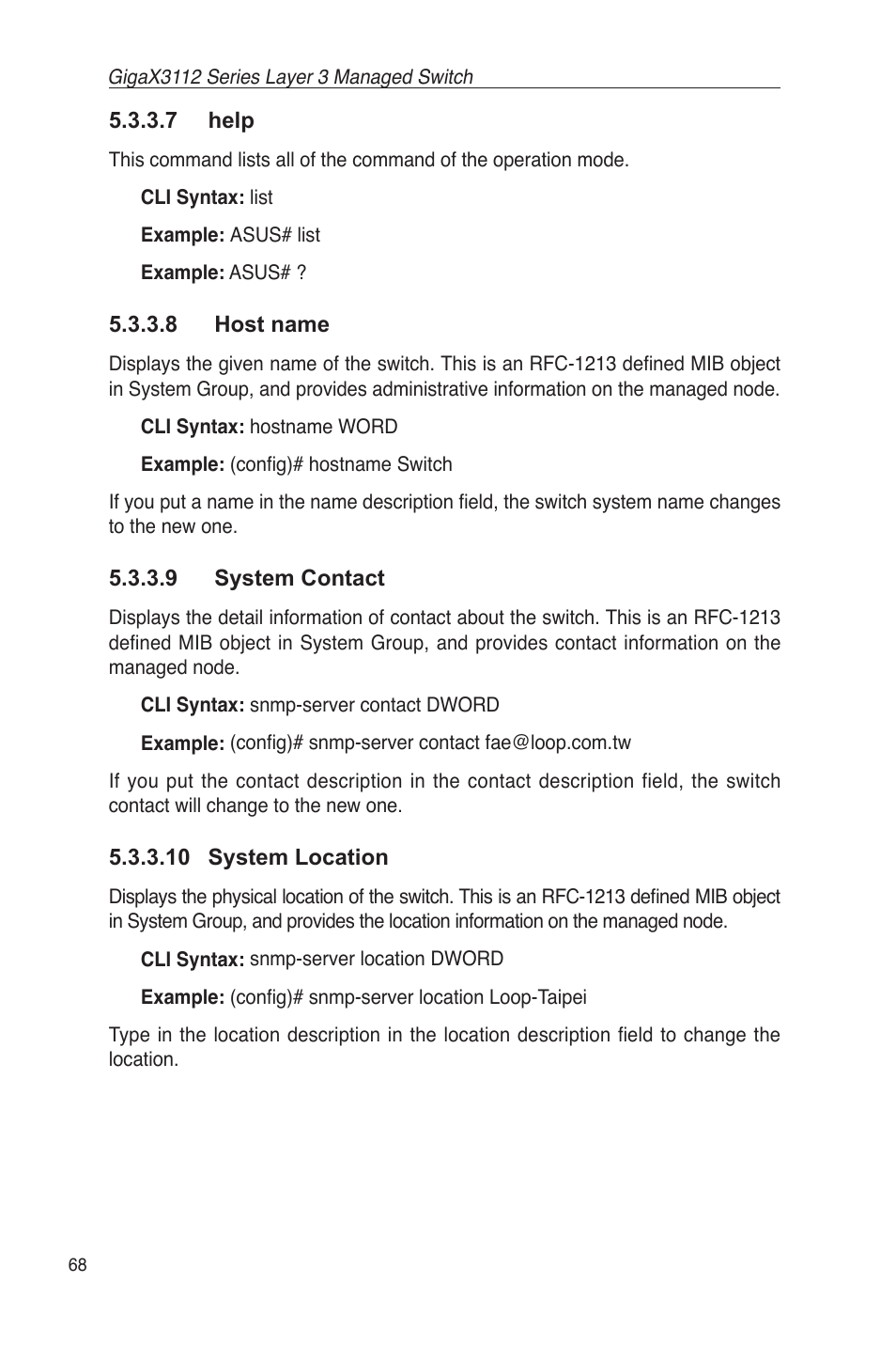 7 help 5.3.3.8 host name, 9 system contact 5.3.3.10 system location | Asus GigaX3112 User Manual | Page 81 / 118