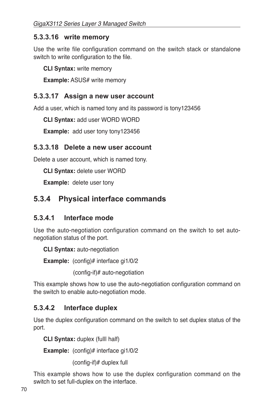 4 physical interface commands, 1 interface mode 5.3.4.2 interface duplex | Asus GigaX3112 User Manual | Page 83 / 118