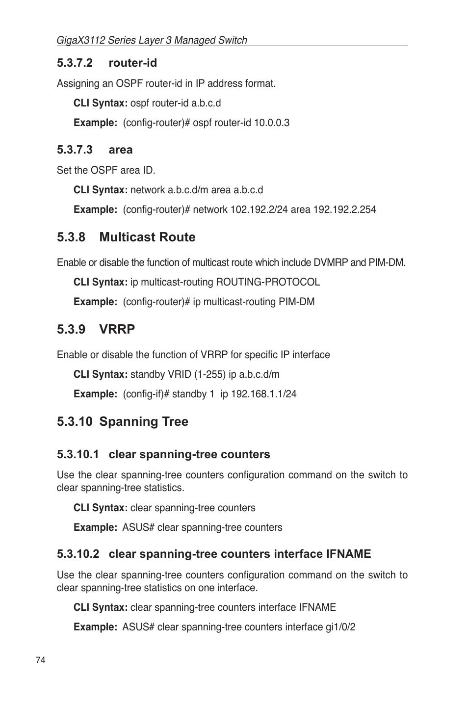 2 router-id 5.3.7.3 area, 8 multicast route 5.3.9 vrrp 5.3.10 spanning tree, 8 multicast route | 9 vrrp, 10 spanning tree | Asus GigaX3112 User Manual | Page 87 / 118