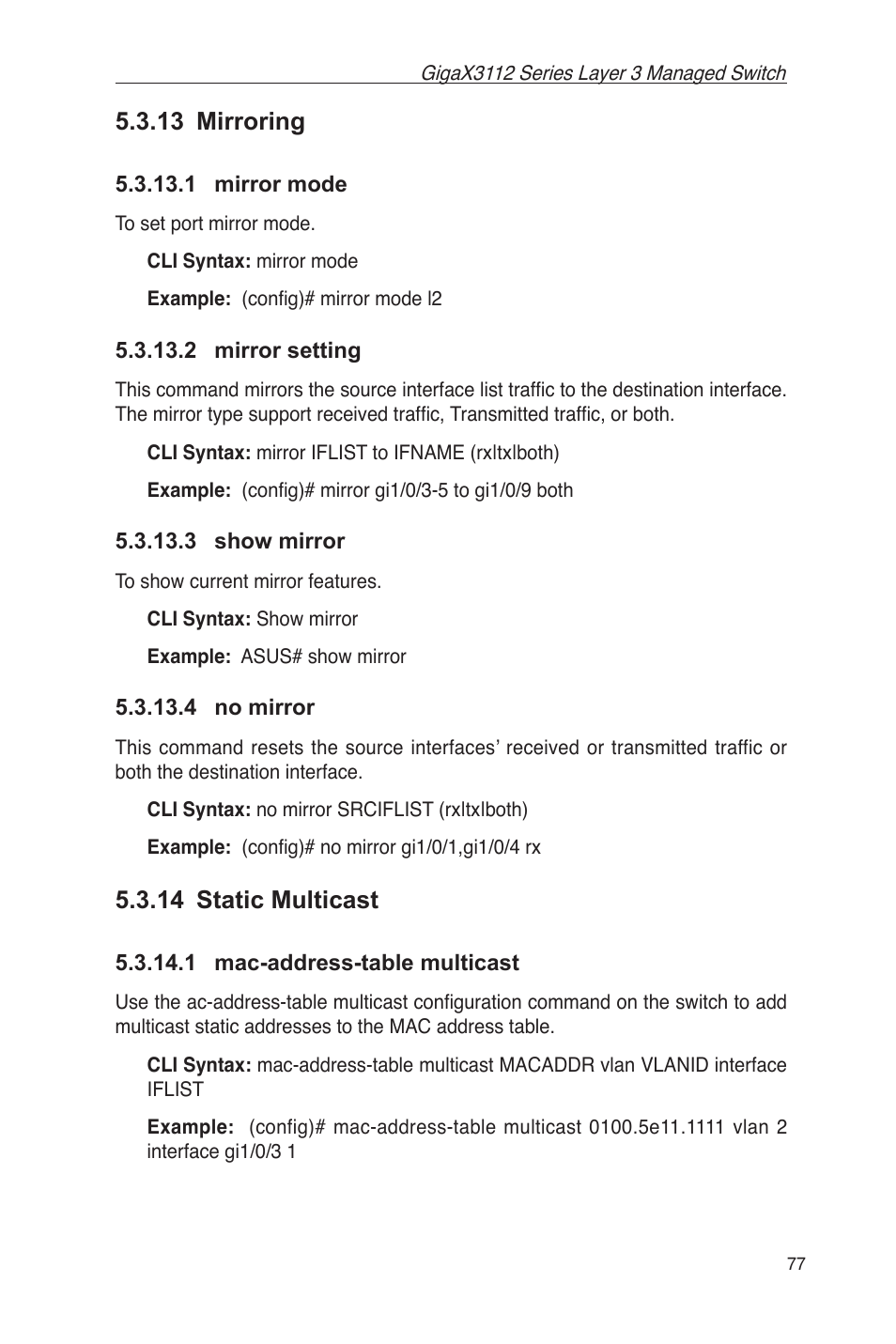 13 mirroring, 14 static multicast, 1 mac-address-table multicast | Asus GigaX3112 User Manual | Page 90 / 118