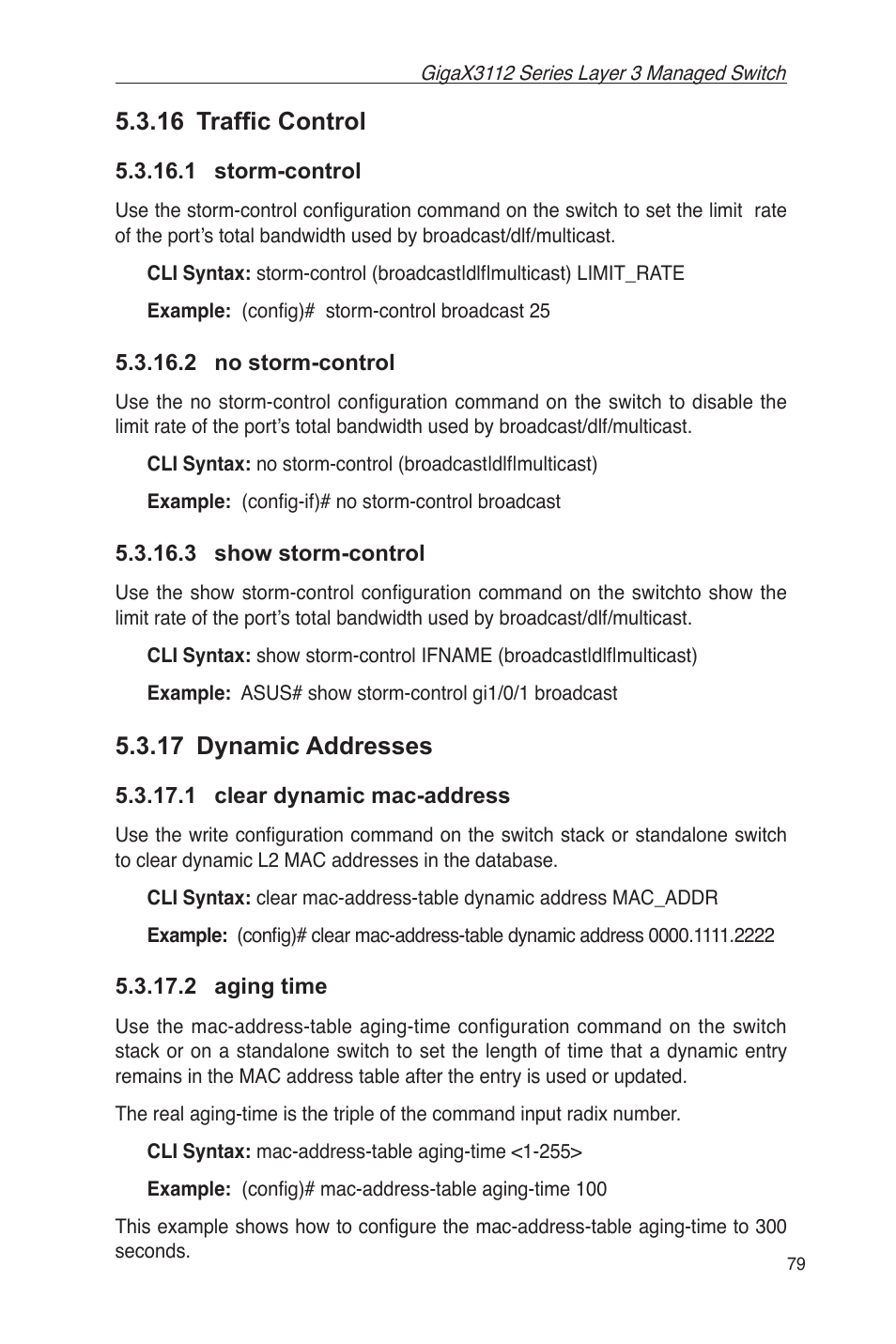 16 trafﬁc control, 17 dynamic addresses, 1 clear dynamic mac-address 5.3.17.2 aging time | Asus GigaX3112 User Manual | Page 92 / 118