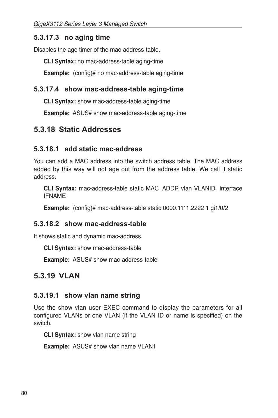 18 static addresses, 19 vlan, 1 show vlan name string | Asus GigaX3112 User Manual | Page 93 / 118