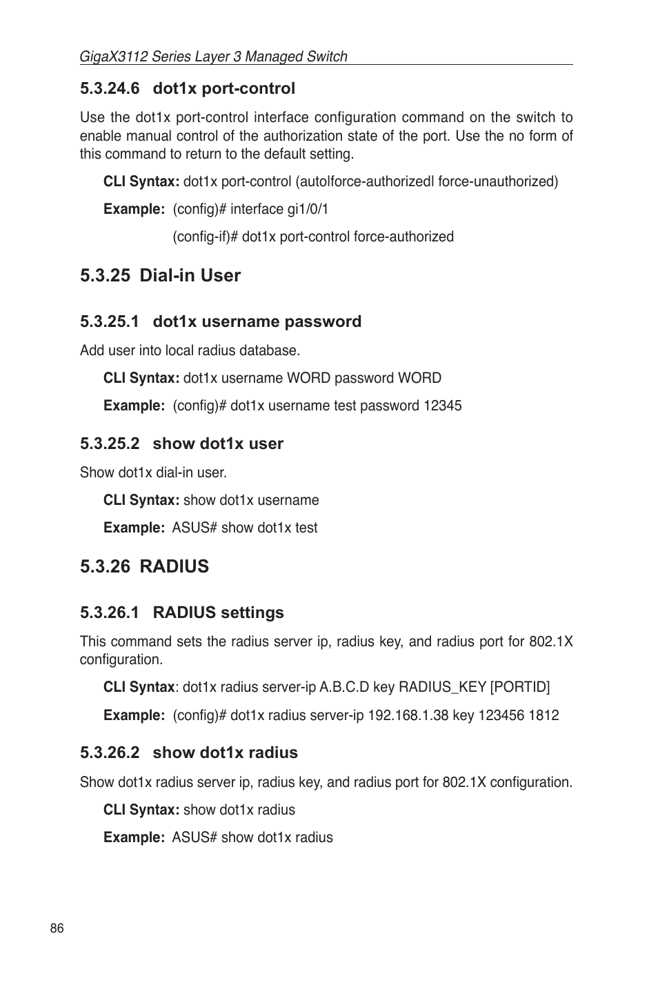 6 dot1x port-control, 25 dial-in user, 1 dot1x username password 5.3.25.2 show dot1x user | 26 radius, 1 radius settings 5.3.26.2 show dot1x radius | Asus GigaX3112 User Manual | Page 99 / 118