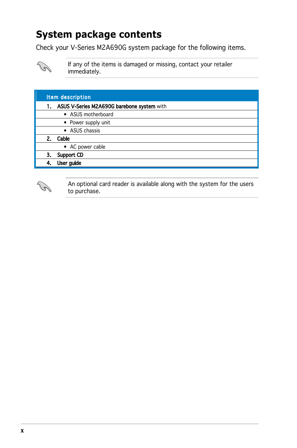 System package contents | Asus V3-M2A690G User Manual | Page 10 / 107