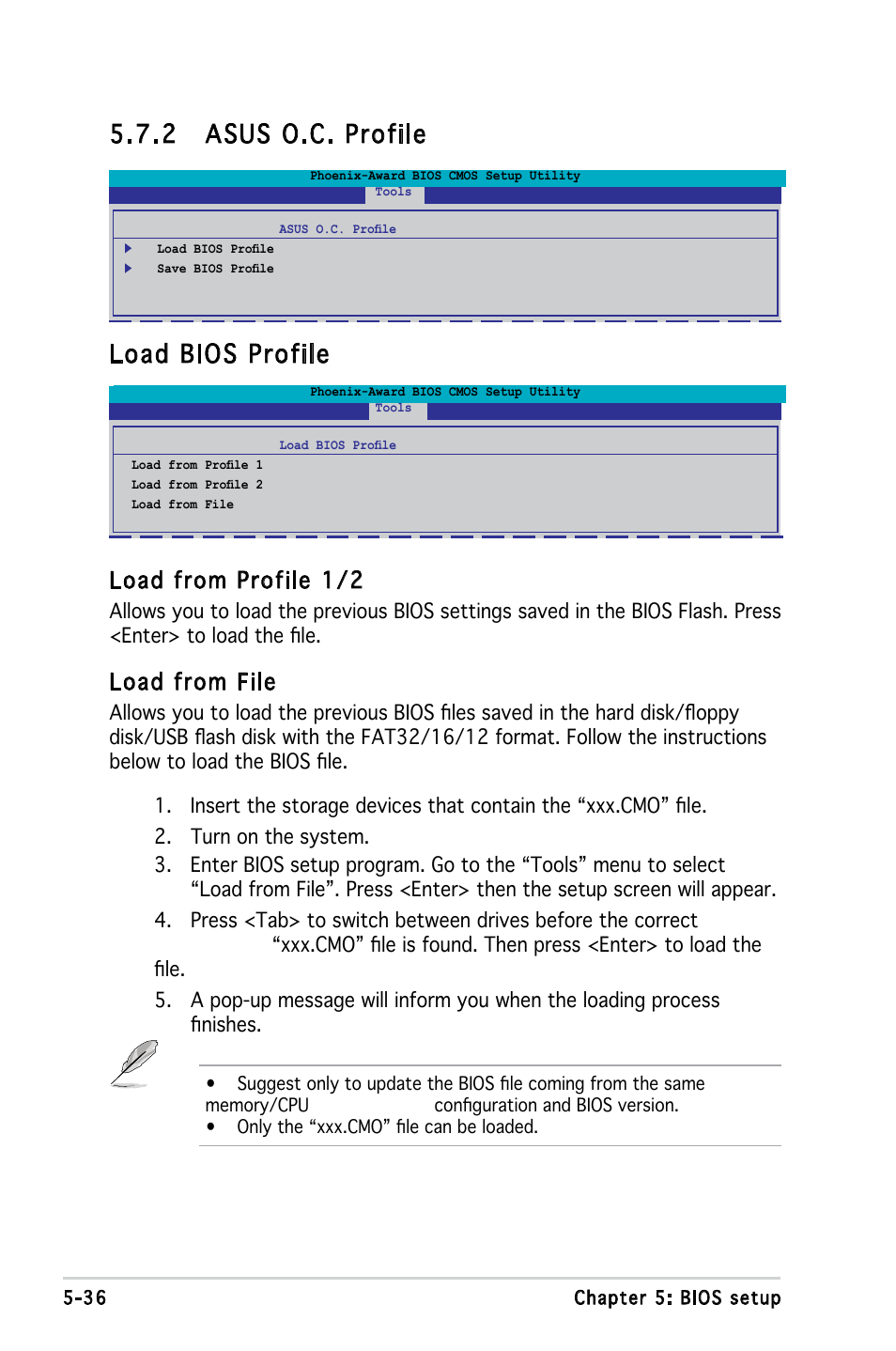 2 asus o.c. profile, Load bios profile, Load from profile 1/2 | Load from file | Asus V3-M2A690G User Manual | Page 104 / 107