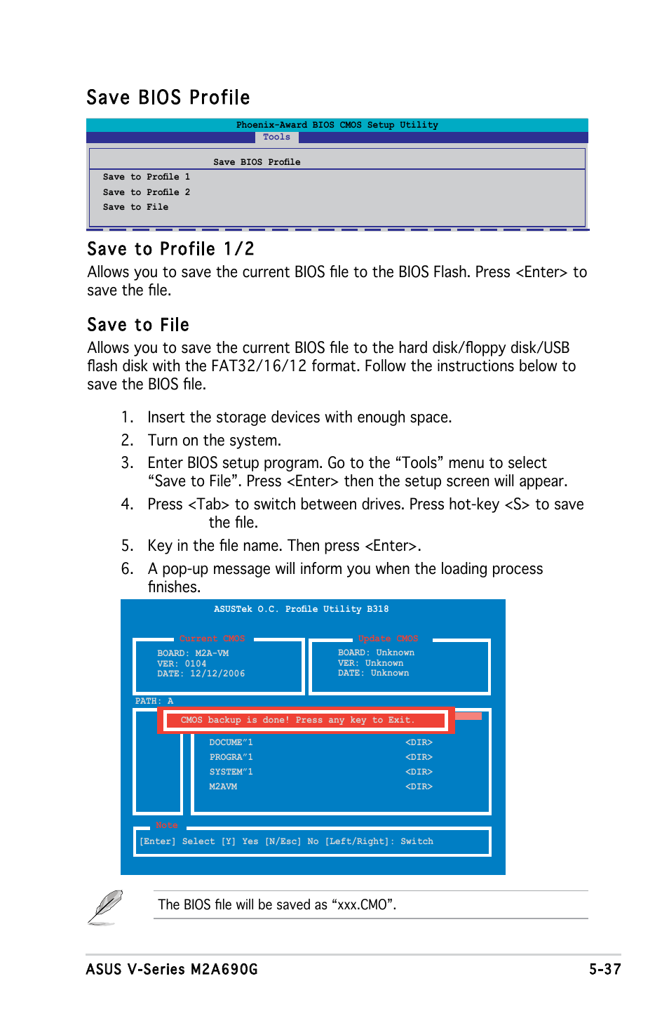 Save bios profile, Save to profile 1/2, Save to file | Asus V3-M2A690G User Manual | Page 105 / 107