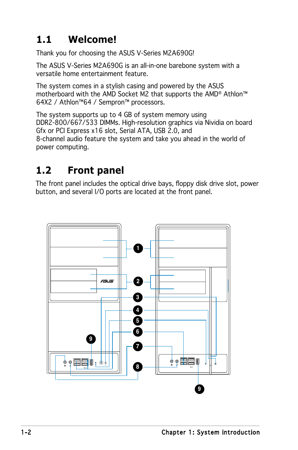 1 welcome, 2 front panel | Asus V3-M2A690G User Manual | Page 12 / 107