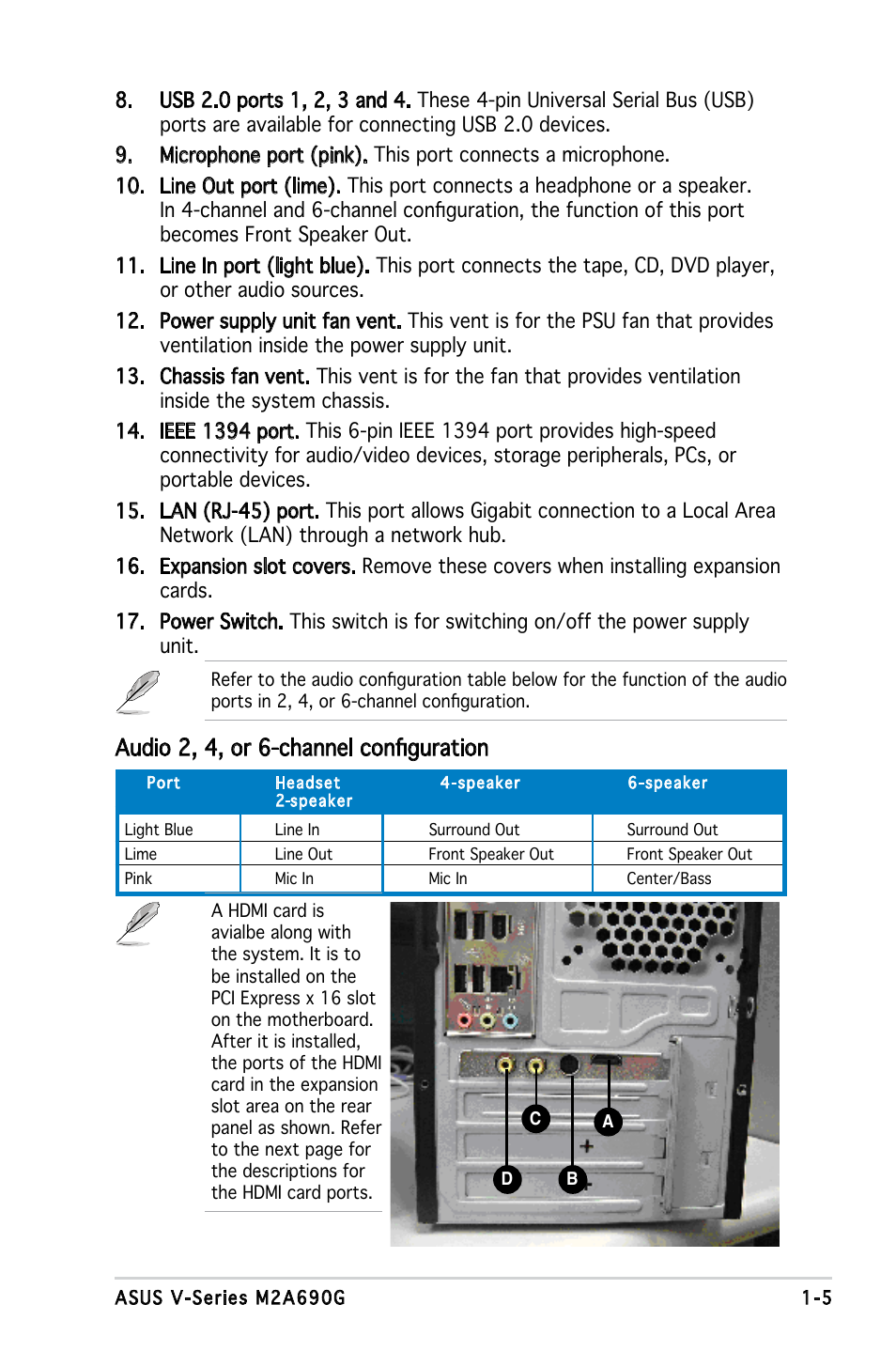 Audio 2, 4, or 6-channel configuration | Asus V3-M2A690G User Manual | Page 15 / 107