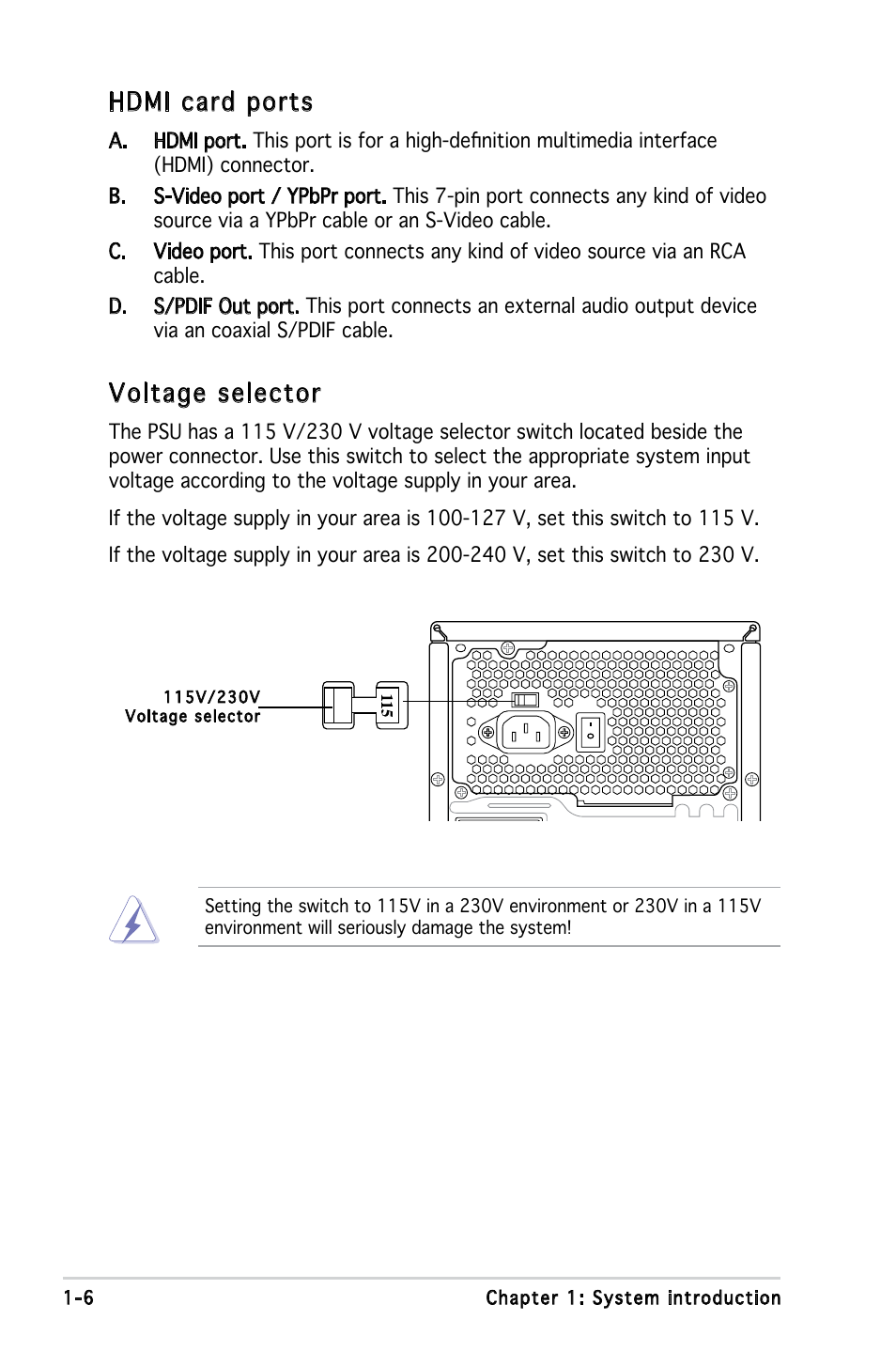 Voltage selector, Hdmi card ports | Asus V3-M2A690G User Manual | Page 16 / 107