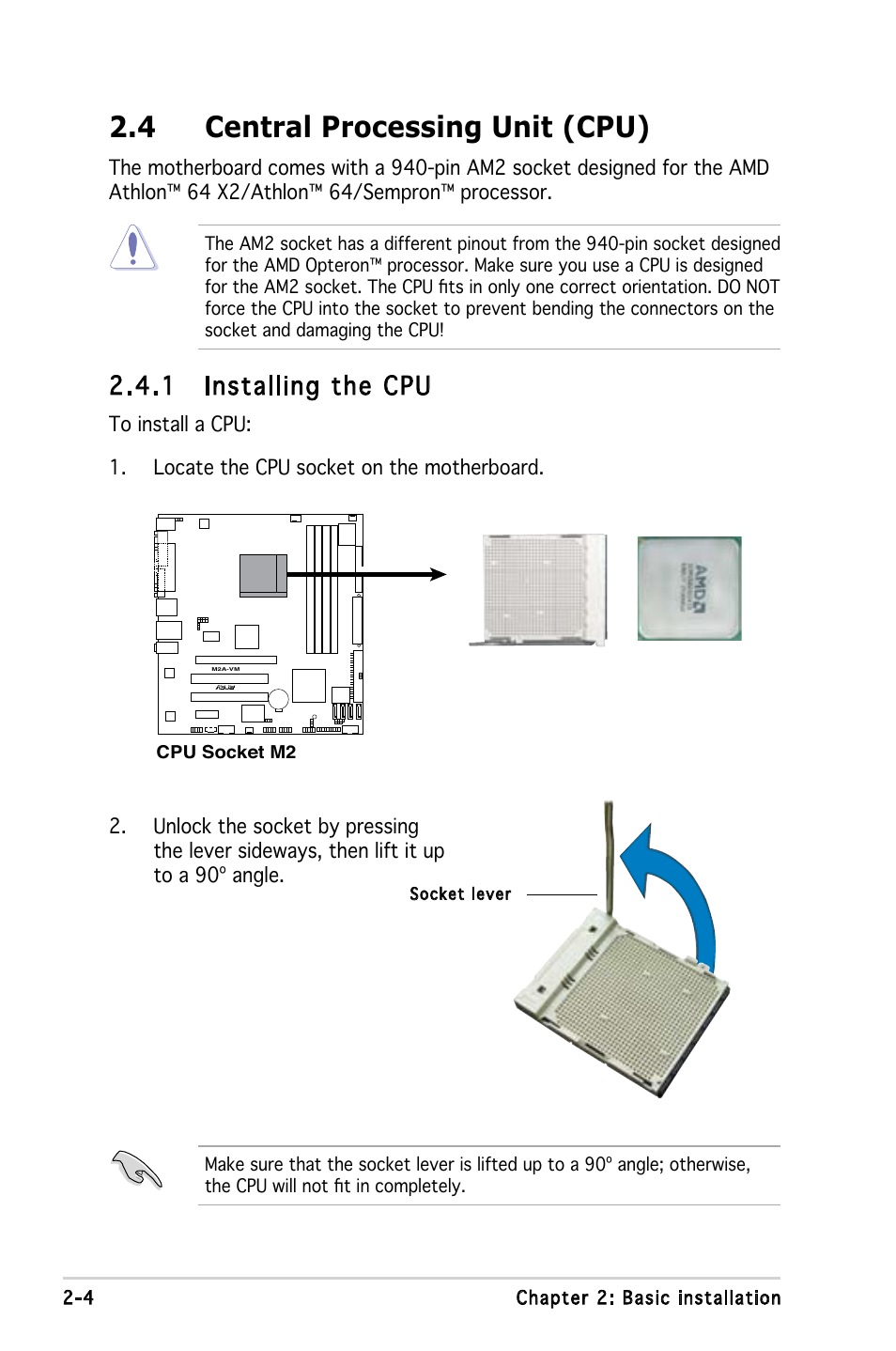 4 central processing unit (cpu), 1 installing the cpu | Asus V3-M2A690G User Manual | Page 22 / 107