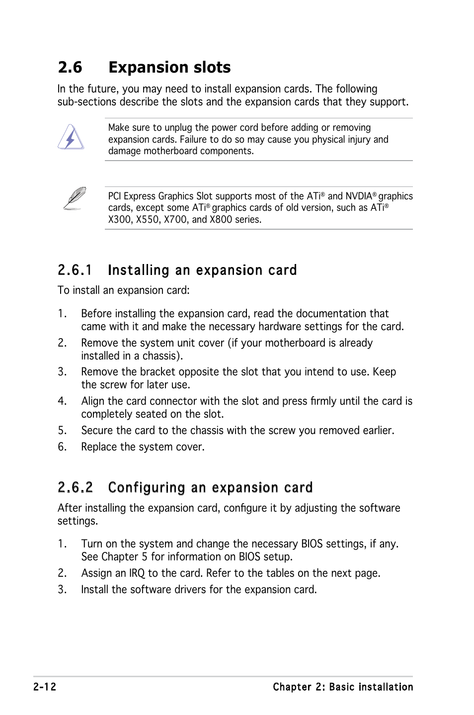 6 expansion slots, 1 installing an expansion card, 2 configuring an expansion card | Asus V3-M2A690G User Manual | Page 30 / 107