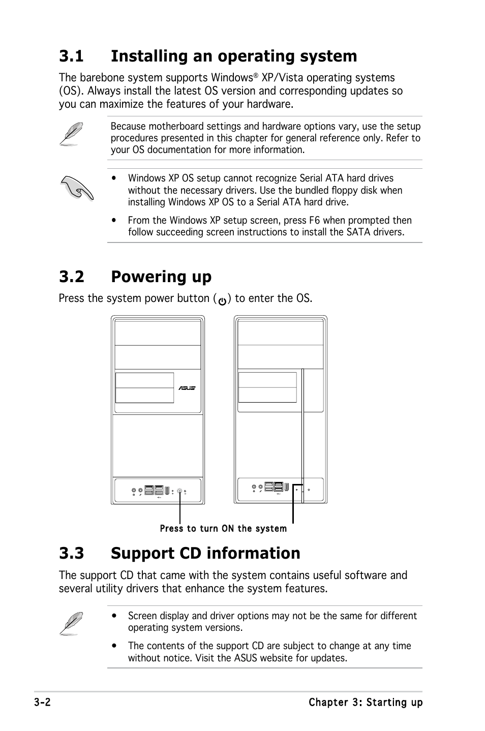 1 installing an operating system, 3 support cd information, 2 powering up | Asus V3-M2A690G User Manual | Page 42 / 107