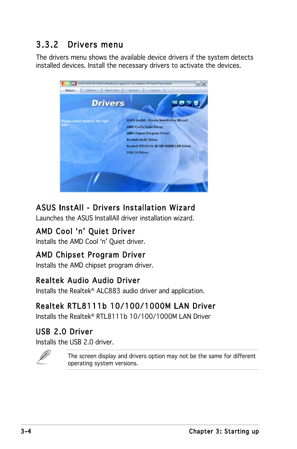 2 drivers menu | Asus V3-M2A690G User Manual | Page 44 / 107