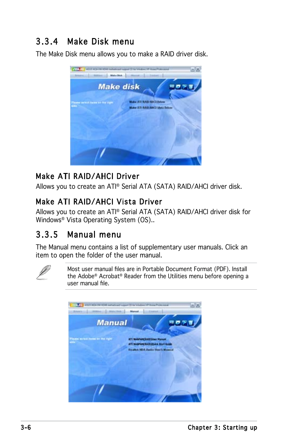 4 make disk menu, 5 manual menu, Make ati raid/ahci driver | Make ati raid/ahci vista driver | Asus V3-M2A690G User Manual | Page 46 / 107