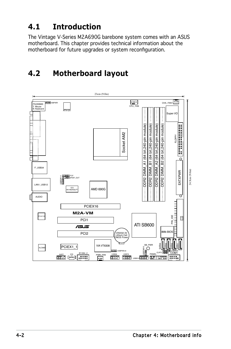 1 introduction, 2 motherboard layout, 2 chapter 4: motherboard info | Ati sb600, Socket am2, M2a-vm | Asus V3-M2A690G User Manual | Page 56 / 107