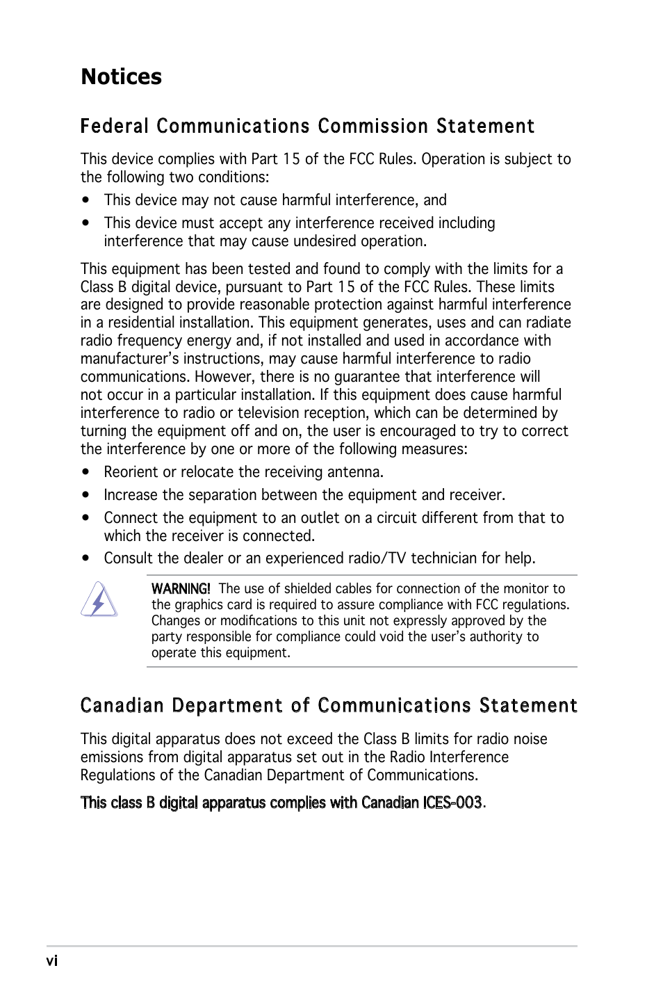 Notices, Federal communications commission statement, Canadian department of communications statement | Asus V3-M2A690G User Manual | Page 6 / 107