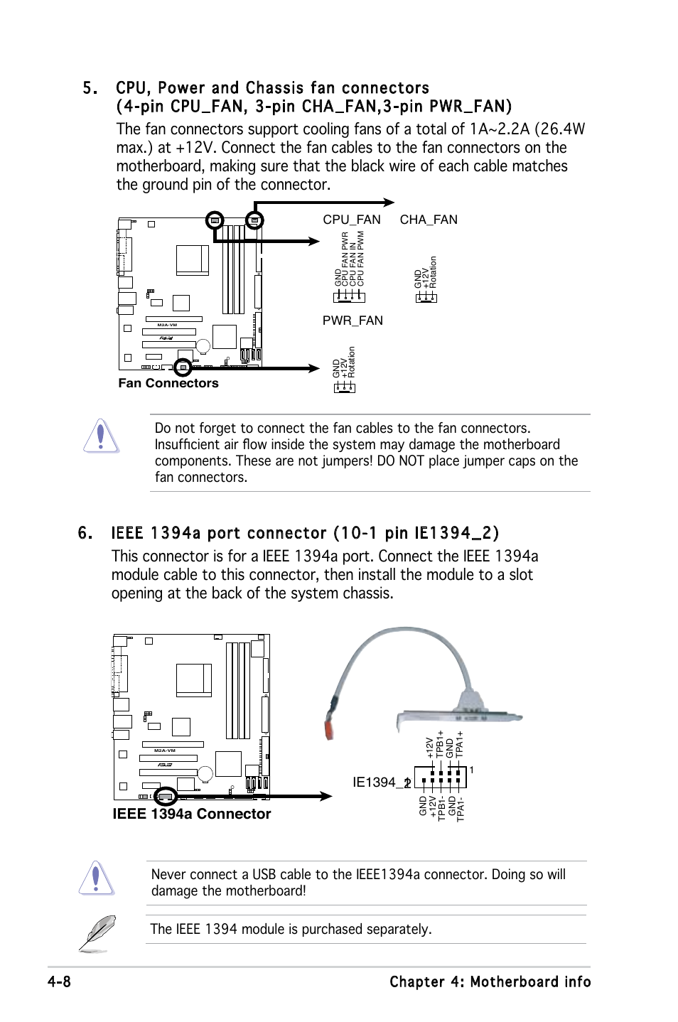 Ieee 1394a connector, 8 chapter 4: motherboard info, Atx power connector atx12v | Eatxpwr | Asus V3-M2A690G User Manual | Page 62 / 107