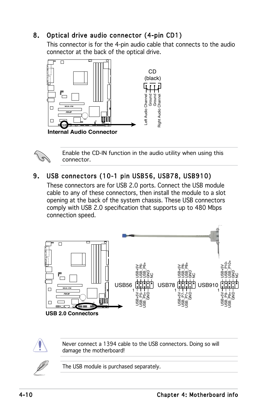 10 chapter 4: motherboard info, Nternal audio connector cd (black), Usb 2.0 connectors usb56 | Usb78, Usb910, The usb module is purchased separately | Asus V3-M2A690G User Manual | Page 64 / 107