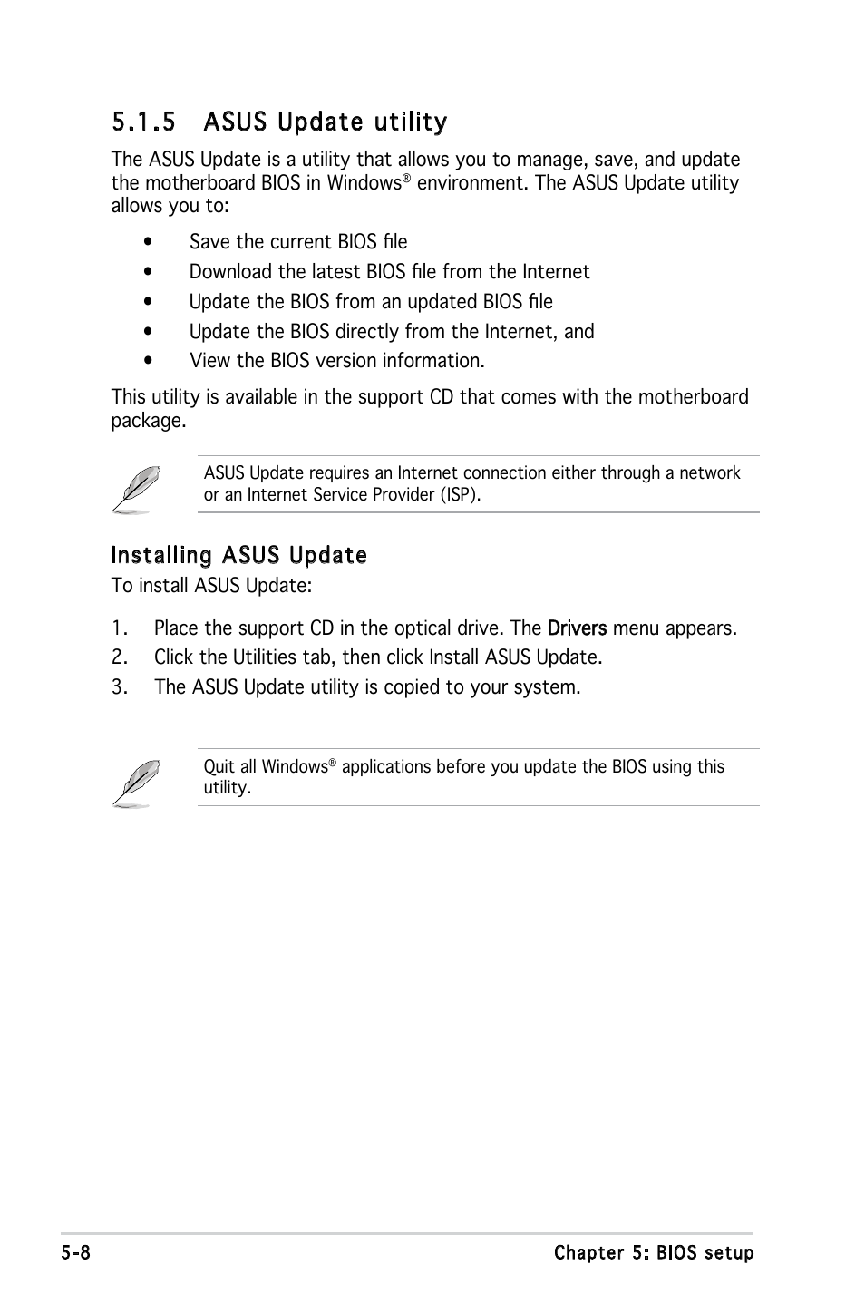 5 asus update utility, Installing asus update | Asus V3-M2A690G User Manual | Page 76 / 107