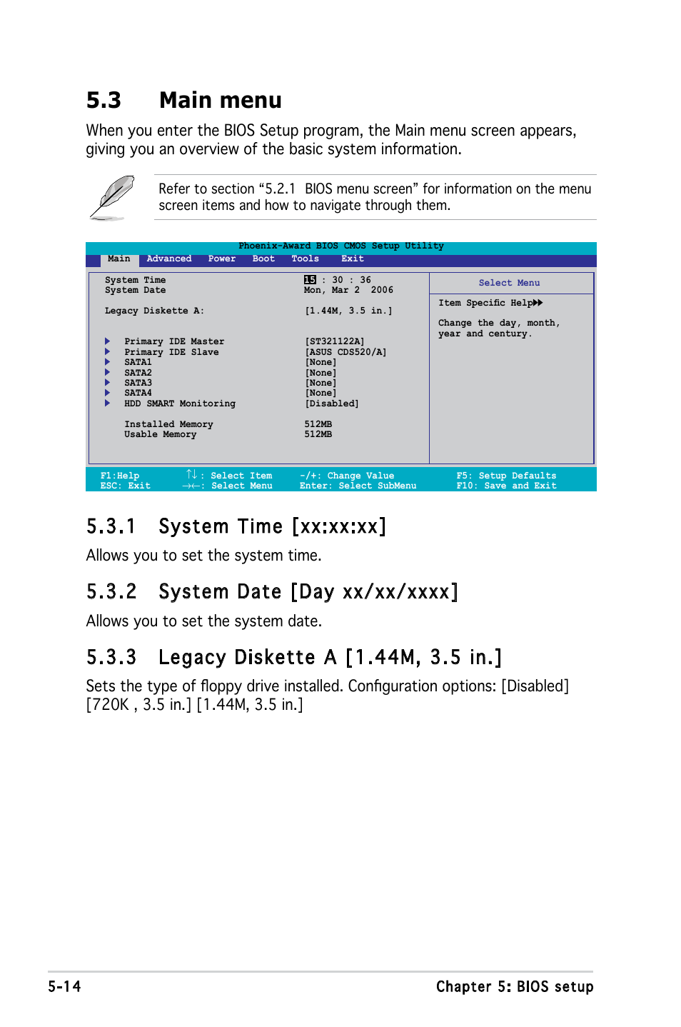 3 main menu, 1 system time [xx:xx:xx, Allows you to set the system time | Allows you to set the system date | Asus V3-M2A690G User Manual | Page 82 / 107