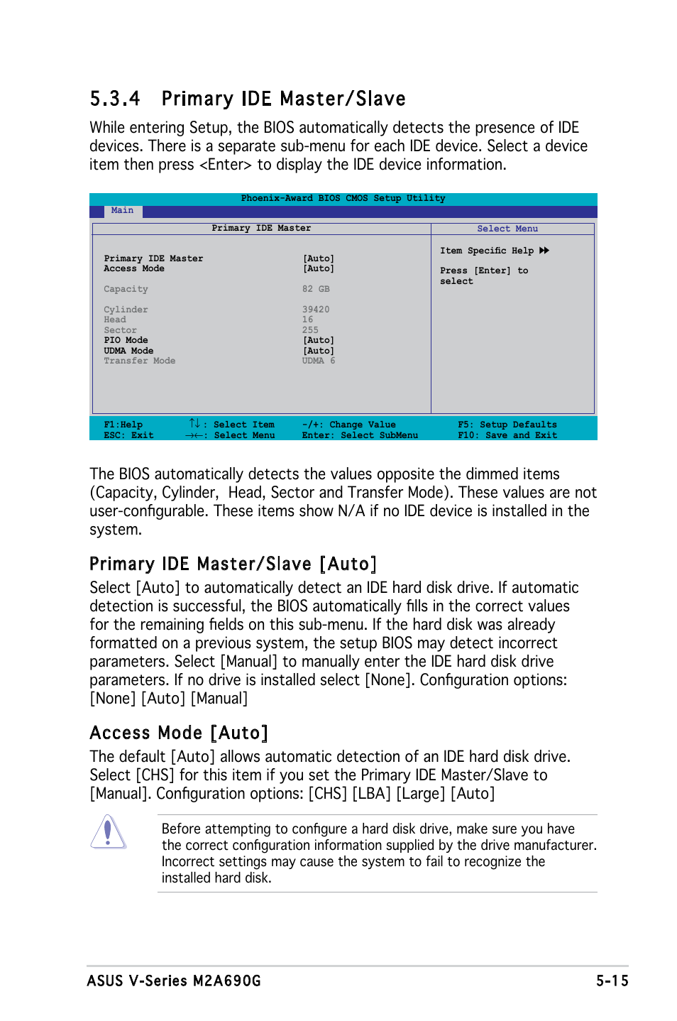 4 primary ide master/slave, Primary ide master/slave [auto, Access mode [auto | Asus V3-M2A690G User Manual | Page 83 / 107