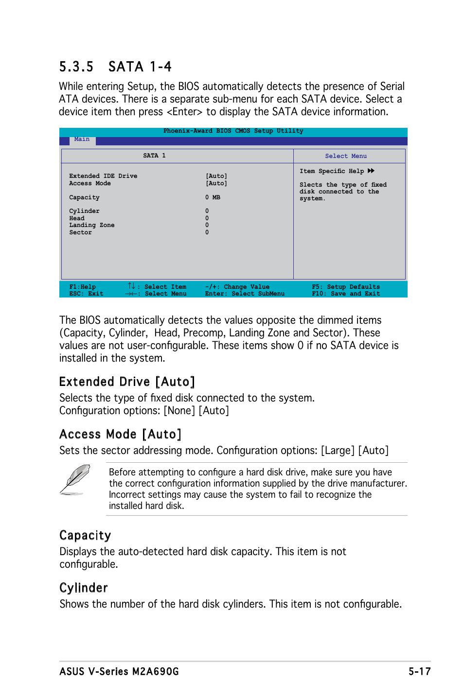 5 sata 1-4, Extended drive [auto, Access mode [auto | Capacity, Cylinder | Asus V3-M2A690G User Manual | Page 85 / 107