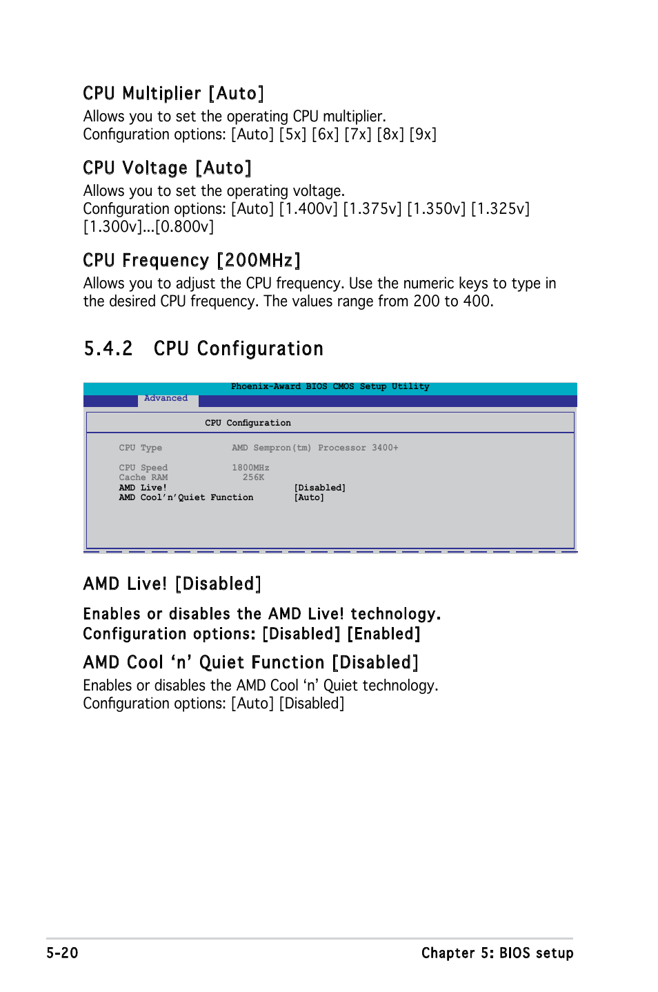 2 cpu configuration, Amd live! [disabled, Amd cool ‘n’ quiet function [disabled | Cpu multiplier [auto, Cpu voltage [auto, Cpu frequency [200mhz | Asus V3-M2A690G User Manual | Page 88 / 107