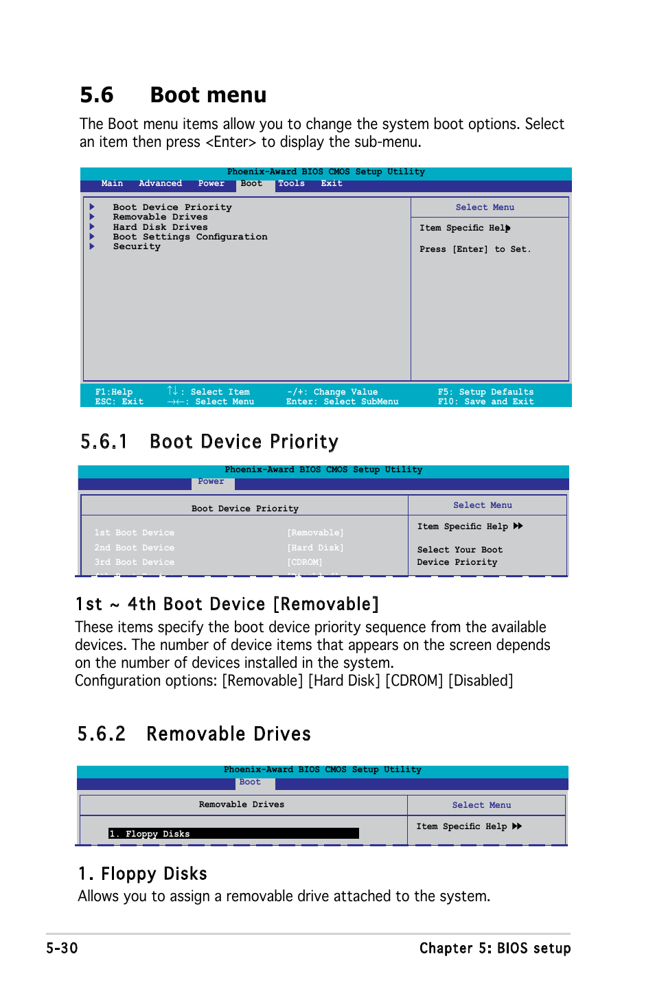 6 boot menu, 1 boot device priority, 2 removable drives | 1st ~ 4th boot device [removable, Floppy disks | Asus V3-M2A690G User Manual | Page 98 / 107