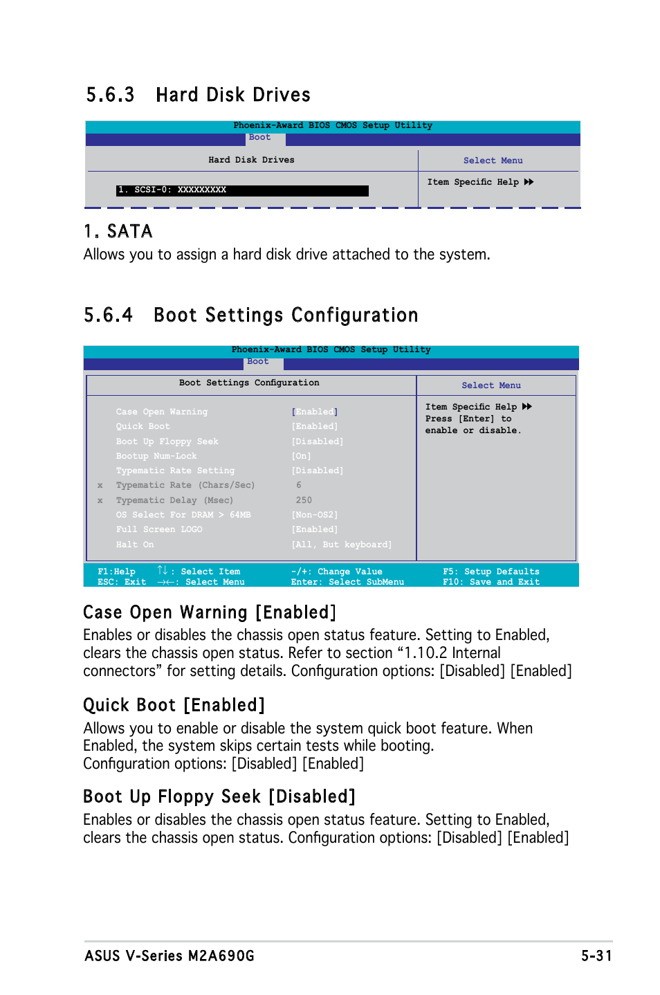 3 hard disk drives, 4 boot settings configuration, Sata | Case open warning [enabled, Quick boot [enabled, Boot up floppy seek [disabled | Asus V3-M2A690G User Manual | Page 99 / 107