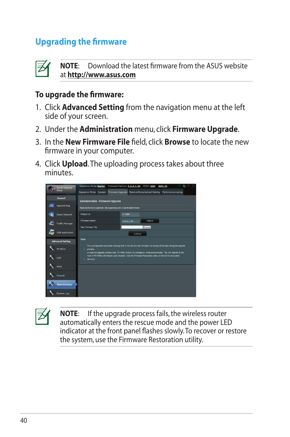 Upgrading the firmware | Asus RT-N66R User Manual | Page 40 / 70