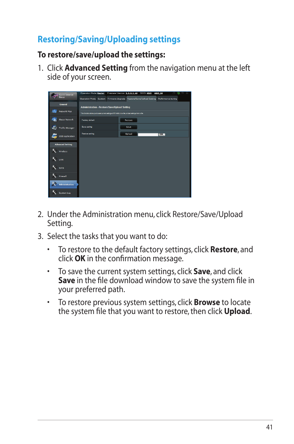 Restoring/saving/uploading settings | Asus RT-N66R User Manual | Page 41 / 70