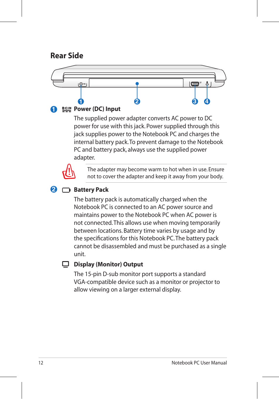 Rear side | Asus N53Jq User Manual | Page 12 / 28