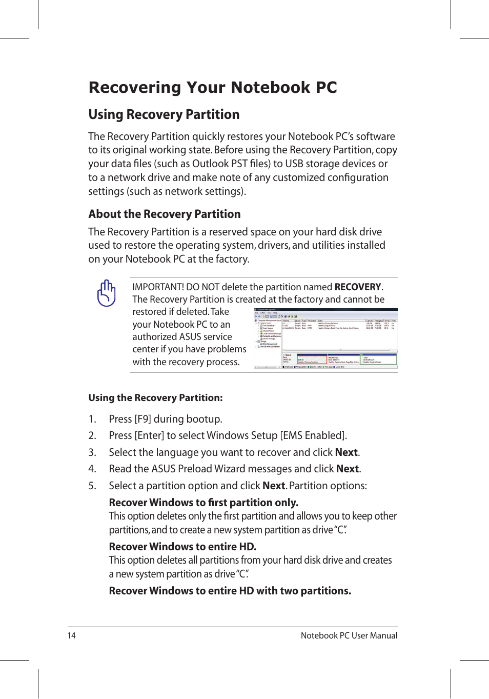 Recovering your notebook pc, Using recovery partition | Asus N53Jq User Manual | Page 14 / 28