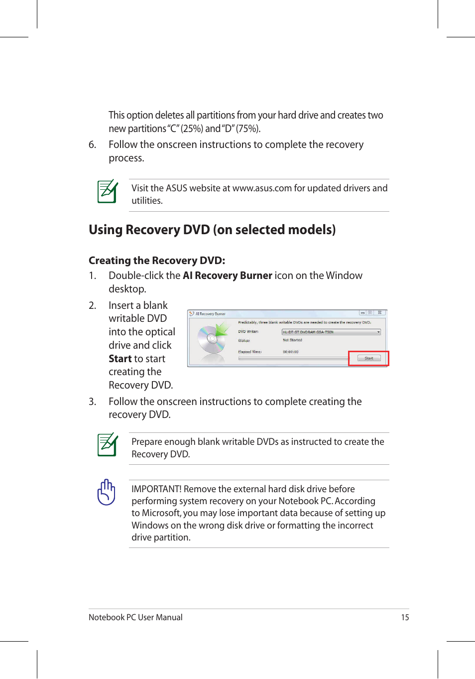 Using recovery dvd (on selected models) | Asus N53Jq User Manual | Page 15 / 28