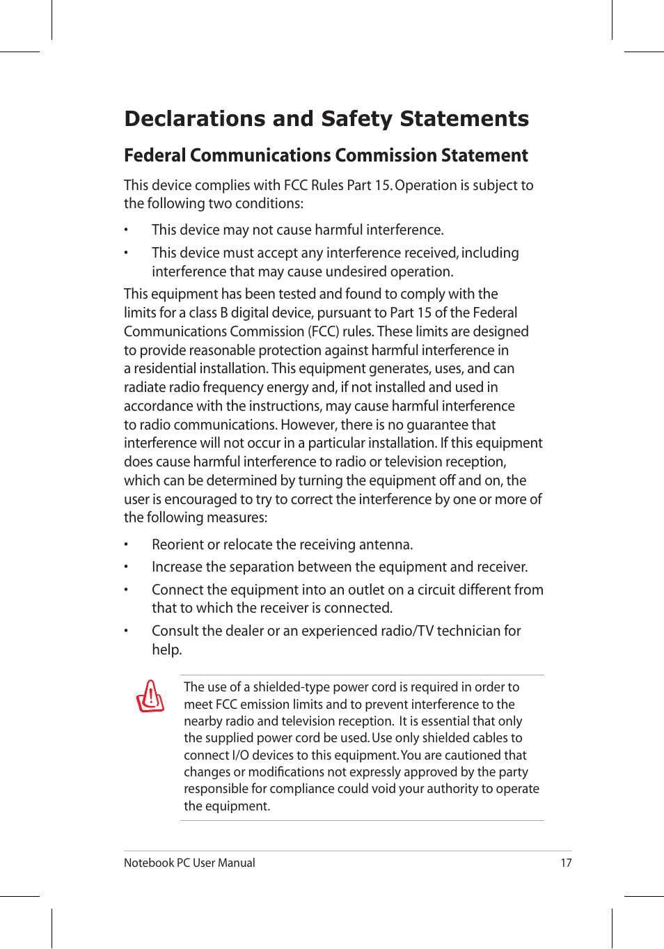 Declarations and safety statements, Federal communications commission statement | Asus N53Jq User Manual | Page 17 / 28