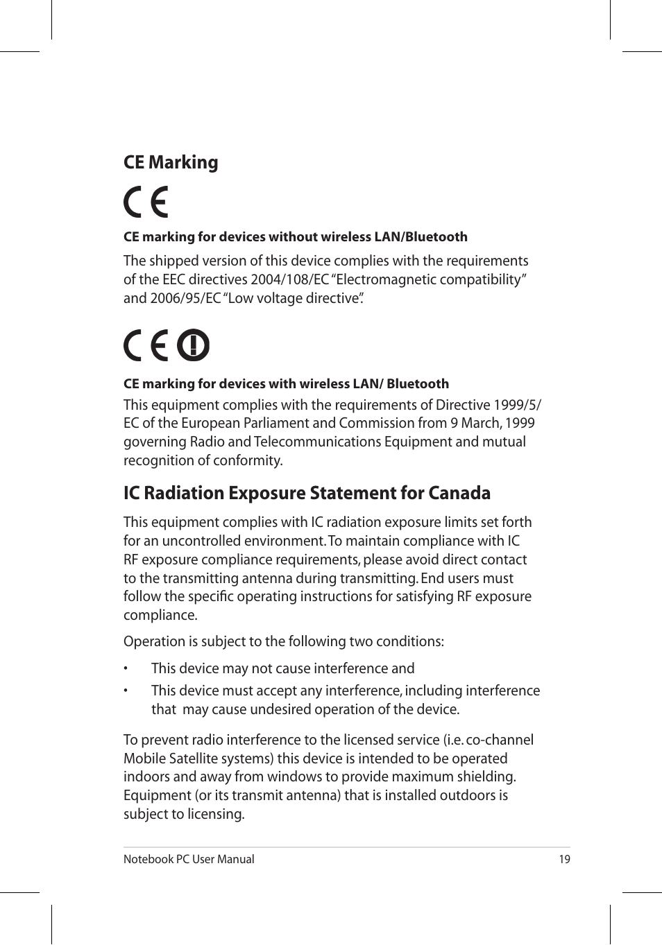 Ce marking, Ic radiation exposure statement for canada | Asus N53Jq User Manual | Page 19 / 28