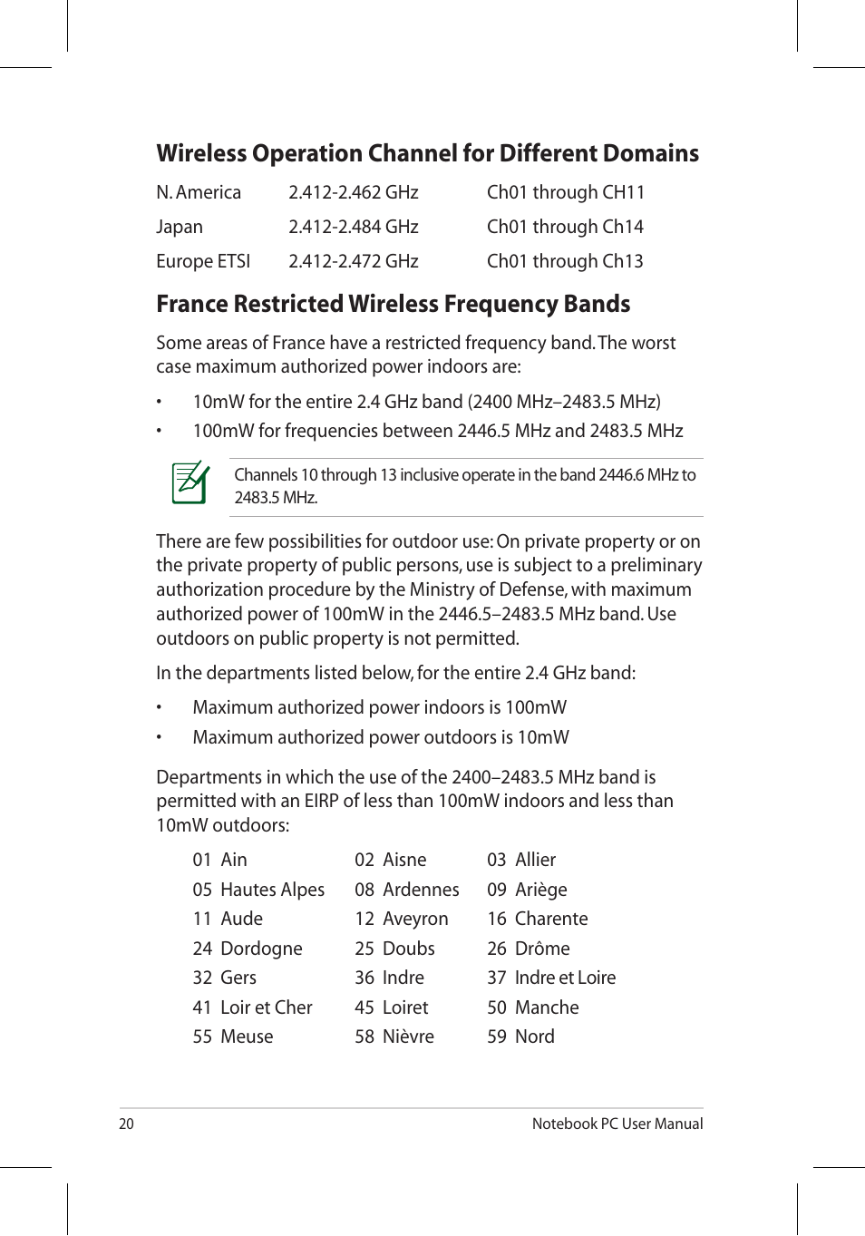 Wireless operation channel for different domains, France restricted wireless frequency bands | Asus N53Jq User Manual | Page 20 / 28