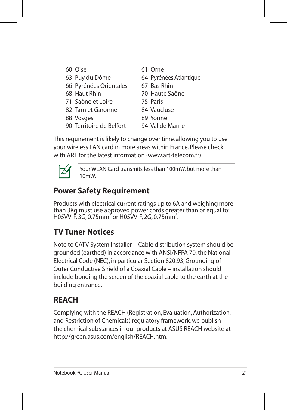 Power safety requirement, Tv tuner notices, Reach | Asus N53Jq User Manual | Page 21 / 28