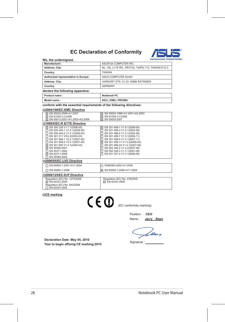 Ec declaration of conformity | Asus N53Jq User Manual | Page 28 / 28