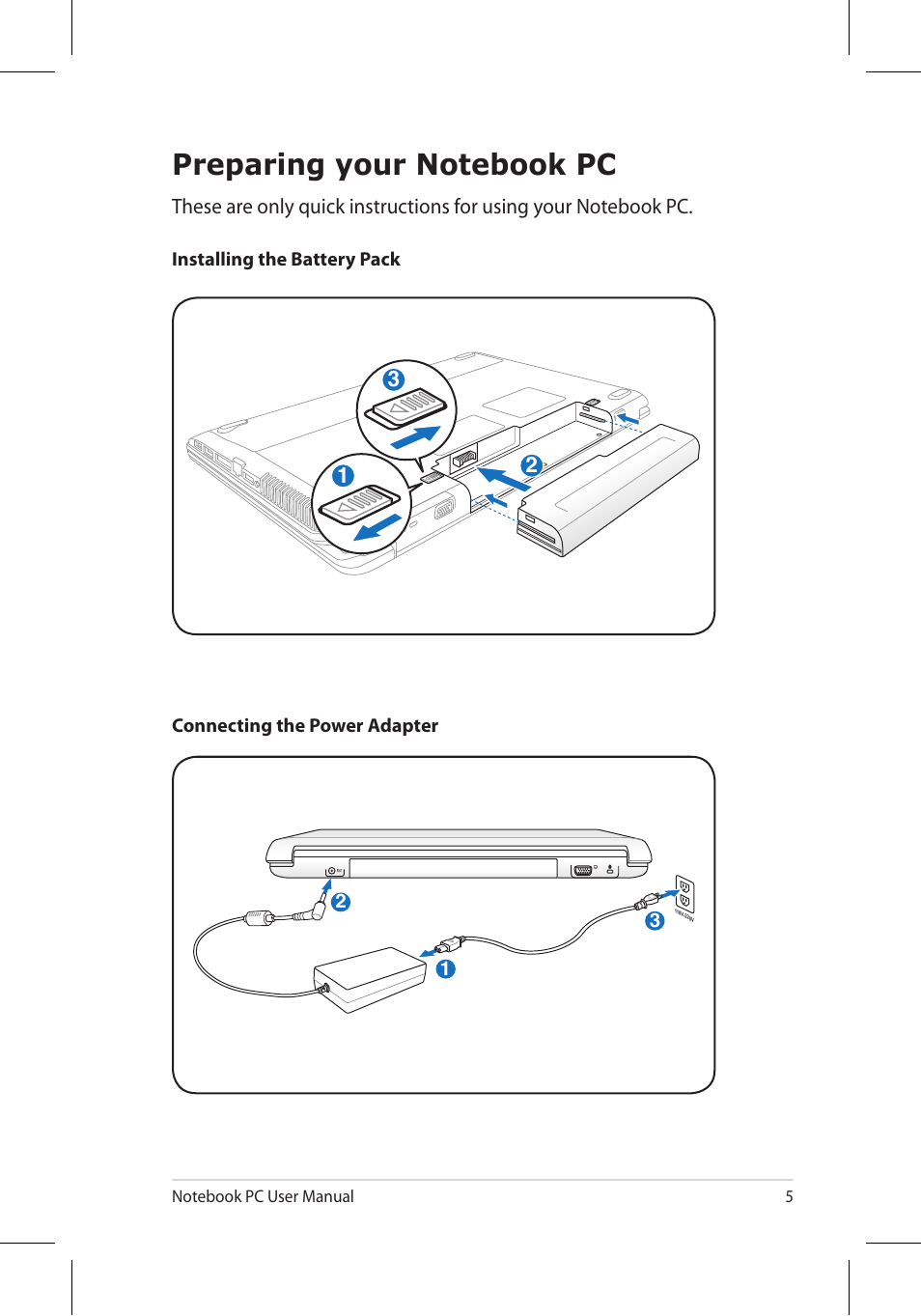 Preparing your notebook pc | Asus N53Jq User Manual | Page 5 / 28