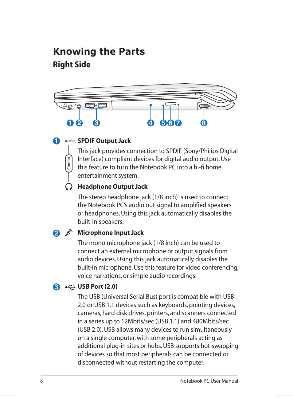 Knowing the parts, Right side | Asus N53Jq User Manual | Page 8 / 28