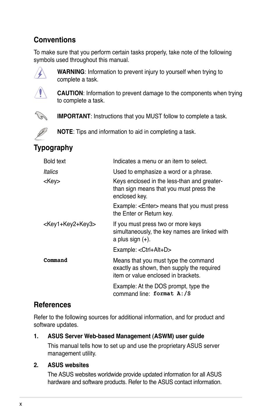 References, Conventions, Typography | Asus RS120-E4/PA2 User Manual | Page 10 / 166